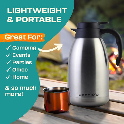 Thermal Coffee Carafe 68oz / 2L, Insulated Stainless Steel Dispenser for Hot Beverages, Ideal for Parties