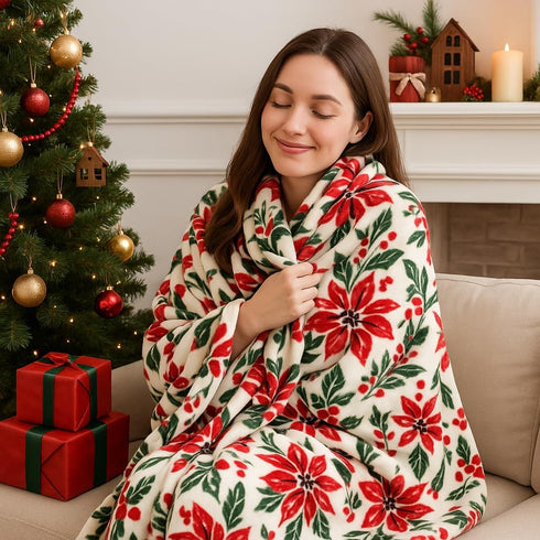 60 50 Poinsettias Cozy Serafina Home Holiday Christmas Fleece Throw Blanket- x Plush White Throw with Red Green Holly
