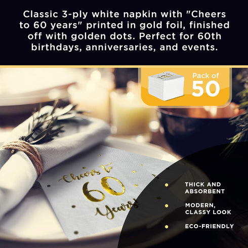 Cheers to 60 Years Cocktail Napkins - 50-Pack 3-Ply Napkins for Happy 60th Birthday & Wedding Anniversary Party