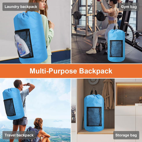 Durable Laundry Bag Backpack for College Dorm, Portable Hamper Bag with Shoulder Straps and Mesh Pockets (Blue)