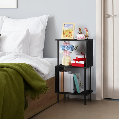 3-Tier ETELI Side Table Small Tall S-Shaped End Table with Open Book Shelf Industrial Black S-Shaped Bookcase Bedside