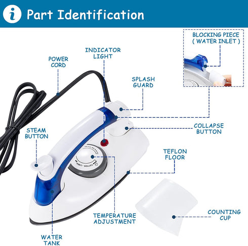 Portable Travel Irons, Handheld Steam Irons for Clothes, Mini Iron Non-Stick Sole Plate, Fast Heated Detachable Water