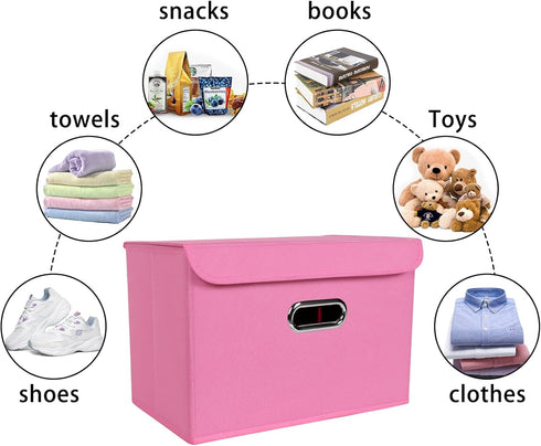 Linen Fabric Foldable Storage Cube Bin Organizer, 3Pcs Fabric Bins with Lid and Leather Handles for Home, Closet, Pink