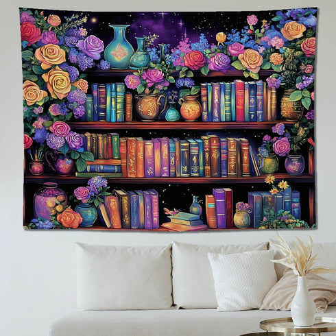 keowhsf Pink Purple Flower Bookshelf Wall Tapestry Colorful Tapestries for Bedroom Aesthetic Floral Tapestry Wall