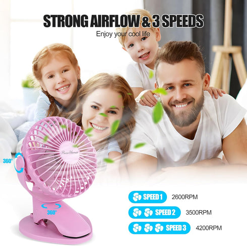 Portable Clip Fan Battery Operated,3 Speeds USB Rechargeable Mini Table Fan with Strong Airflow,360°Rotation Ultra Quiet Personal Desk Fan for Home Office Bedroom Dorm Stroller Camping- Pink by PureHome
