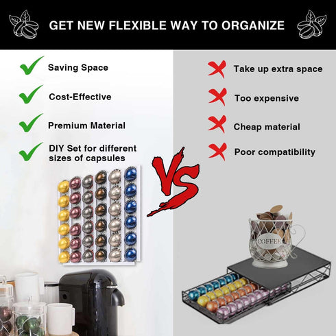 Nespresso Pods Holder, k-Cup Organizer Storage for Coffee Bar Accessories, Wall Mount Under Cabinet Coffee Maker