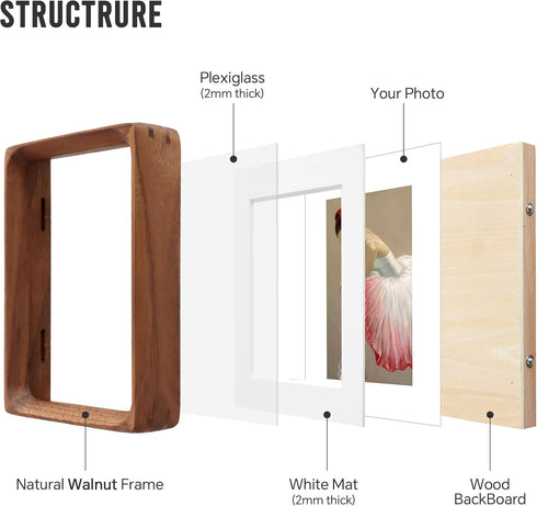 5x7 6x8 Picture with Mat or Without Mat,Natural Picture Frame,by Plexiglass,Walnut Wood Photo Frame, Wall or Tabletop