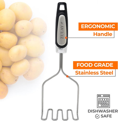 Zulay Kitchen Stainless Steel Potato Masher Heavy-Duty, Non-Scratch, Dishwasher-Safe Masher with Food-Grade Silicone