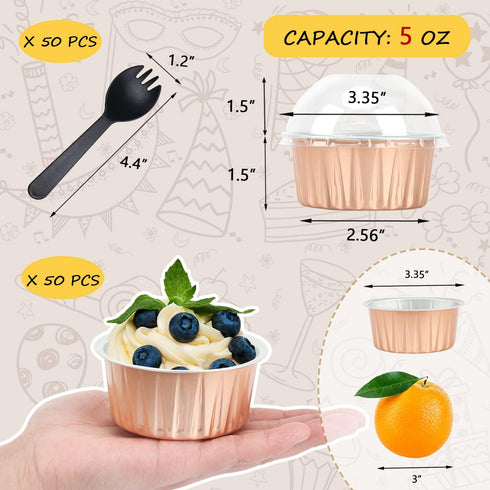 Jumbo 5oz Aluminum Foil Cupcake Liners with Lids - 50 Pack Disposable Ramekins for Mini Cake Baking