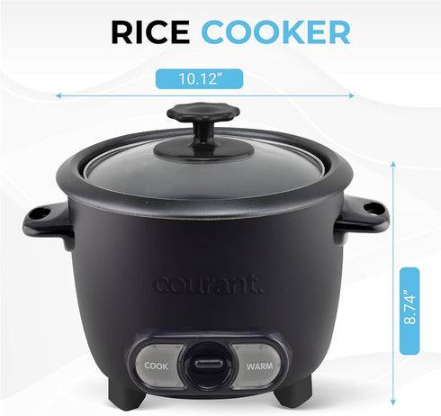 8-Cup Courant Rice Cooker (Cooked), Removable Non-Stick Bowl, One Touch Rice Cooker, Black