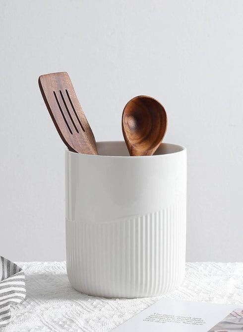 Ceramic Kitchen Utensil Holder, 7" Large Stable Crock, Cooking Organizer for Kitchen Counter, Dishwasher Safe, White