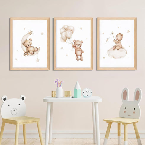 Set 3, 12x16 inch Framed Teddy Bear Wall Art Nursery Decor of Bear Sleeping on The Moon and Stars Pictures Canvas