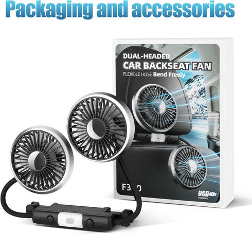 Car Fan, 12V Cooling Fans for Backseat with Night Light, 360° Rotatable Dual Head Fan for Vehicles