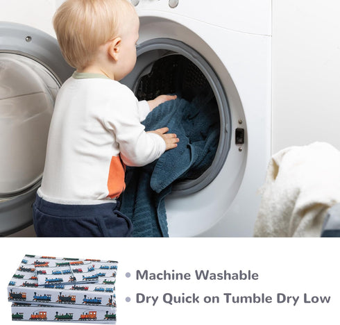 4 Set Sets- Viviland Pieces Boys Grey Full Sheet - Soft Microfiber Fitted Flat Sheets & Pillowcases - Retro Train Print