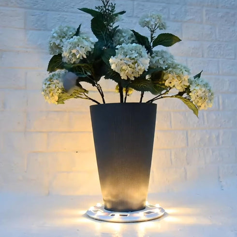 15" (78i50265) Gama Sonic Illuminated Plant Stand for Outdoor, Solar Power, White Base for Exterior Potted Plants