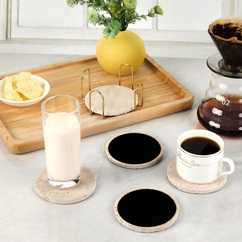 YONGHEE Set 5 Italian Travertine Coasters of with Holder, Round Beige Marble Drink Coasters for Coffee Table Decor
