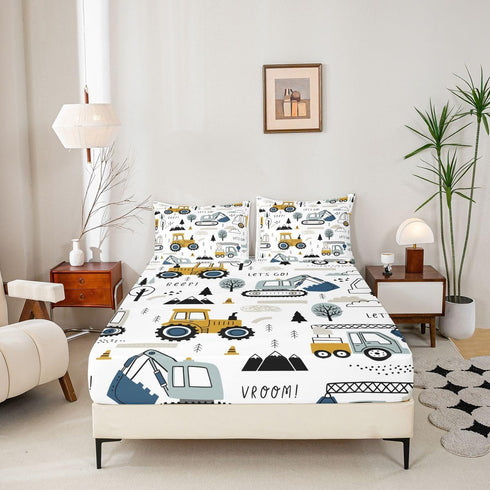 Set Set 3Pcs Feelyou Cartoon Car Kids Fitted Sheet Construction Bed Sheet Decor Equipment Trucks Bedding Cartoon Car