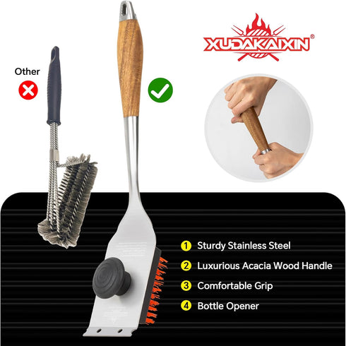 XUDAKAIXIN Nylon Grill Brush, Dual Grip Design, with Extended Luxurious Acacia Wood Handle, Safe Nylon Bristles
