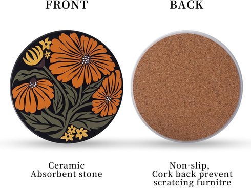 Staruby Set 6 4 Inch, Coasters Absorbent Ceramic Coaster Drink Coasters with Cork Back Beautiful Artistic Flowers