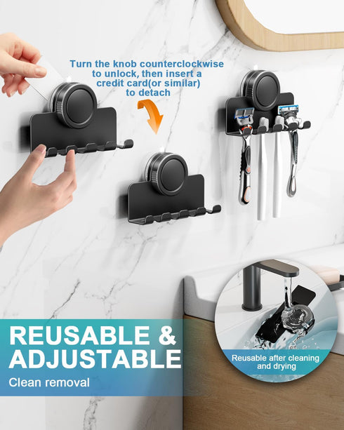 2-Pack Suction Cup Hooks, Razor Holder for Shower, Matte Black Shaver Holder Waterproof No Drill Adhesive Hanger