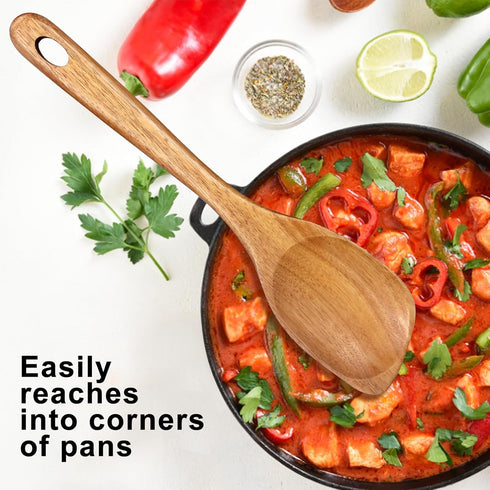 Large Wooden Cooking Spoons, Acacia Spatula for Mixing and Serving, Non-Stick Kitchen Utensils, Long Handle Spoon