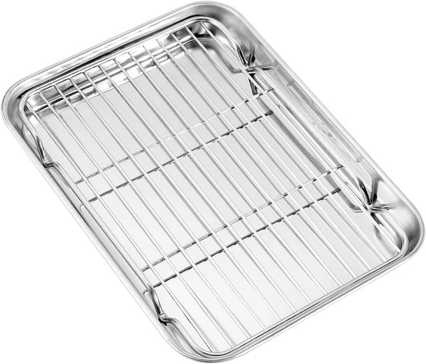 Baking Sheet with Rack, Zacfton Stainless Steel Cookie Sheet with Cooling Rack, Eighth Sheet Pan 9” x 7” x 1”