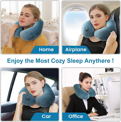 Inflatable Travel Neck Pillow - Washable U Shaped Pillowcase for Airplane, Train, Car, Office Napping