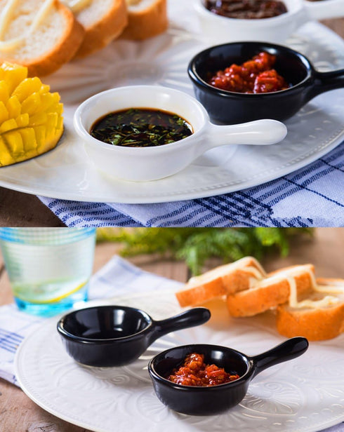 5 Packs 1 Oz Sauce Dish with Handle Grip, White Porcelain Dipping Bowls for Appetizers, Ketchup, BBQ Sauce