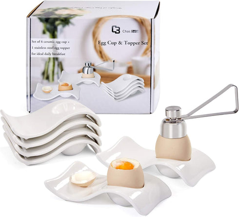 Egg Cups for Soft Boiled Eggs - Ceramic Egg Holder with 6 + 1 Egg Topper Cutter for Breakfast