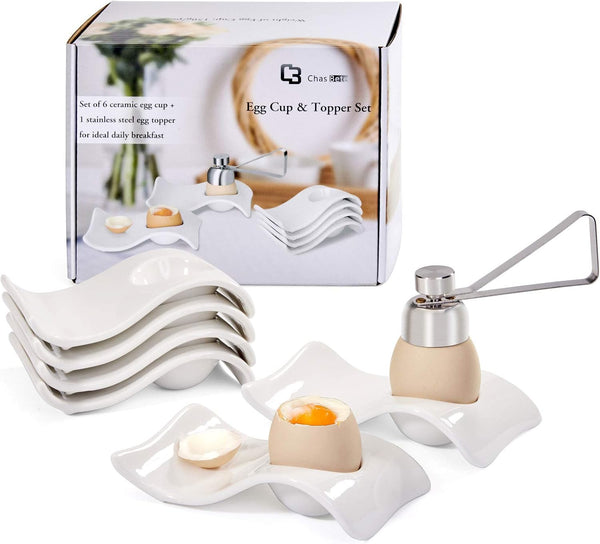 Egg Cups for Soft Boiled Eggs - Ceramic Egg Holder with 6 + 1 Egg Topper Cutter for Breakfast