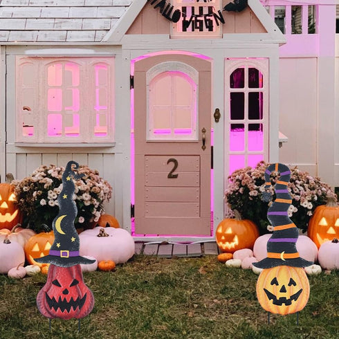 YEAHOME Halloween Decorations Outdoor - 2 Pack Metal Pumpkin Garden Stakes with Witch Hats