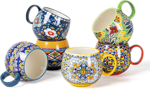 HENXFEN LEAD Boho Ceramic Coffee Mugs Set of 6 20 oz Large