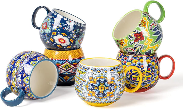HENXFEN LEAD Boho Ceramic Coffee Mugs Set of 6 20 oz Large