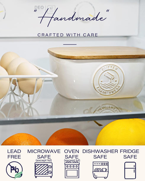 Getstar Ceramic Butter Dish with Acacia Lid, Silicone Sealing, Large Butter Keeper Container for Countertop
