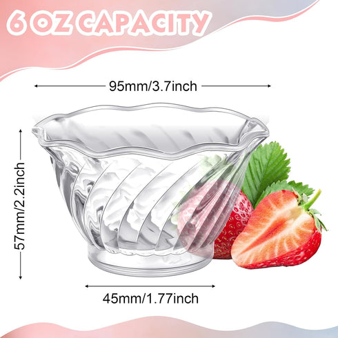 60 6 oz Rtteri Pcs Plastic Dessert Cups Clear Ice Cream Sundae Tasting Bowls, Mini Round Swirl Tulip Shape Party Buffet