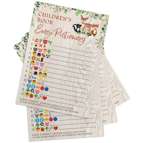 Printed Party Baby Shower Games, Children's Book Emoji Game for Boy or Girl, Woodland Forest Animals Theme, 50 Cards