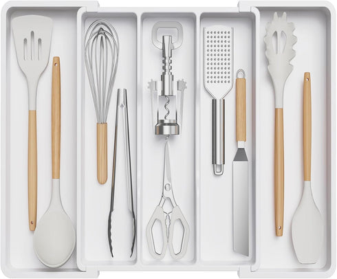 Lifewit Expandable Utensil Organizer for Kitchen Drawers, Adjustable Cutlery Flatware Holder, Large White Storage