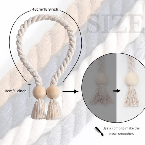 2 Pack NICEEC Wooden Ball Magnetic Curtain Tiebacks Boho Home Decor Drape Tie Backs Natural Cotton Hand Woven Rope