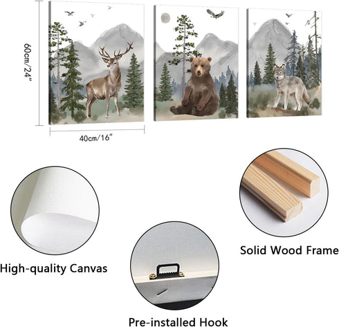 16"x24" Set 3, Woodland Animal Nursery Wall Art: Forest Wildlife Prints Canvas Posters of Wolf Bear Elk Pictures