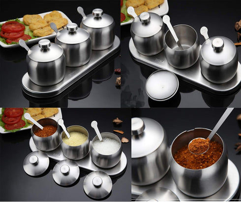 TENTA KITCHEN TENT 18/8 Stainless Steel Seasoning Containers Set, Spice Rack with 3 Serving Spoons