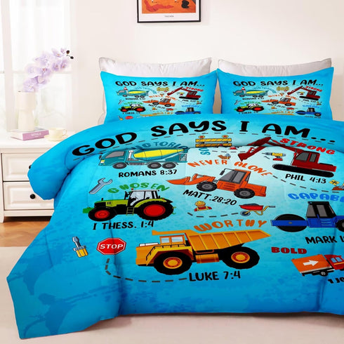 Set Set,Car Set1 2 Boys Construction Vehicles Truck Comforter Twin,Christian Kids God Says I Am Construction Bedding