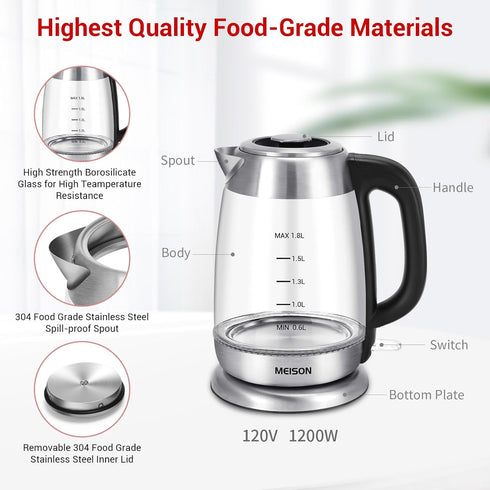 Speed-Boil Electric Tea Kettle: Glass for Boiling Water, 1.8 Liter, Auto Shut-Off & Boil-Dry Protection, 2 Year Warranty