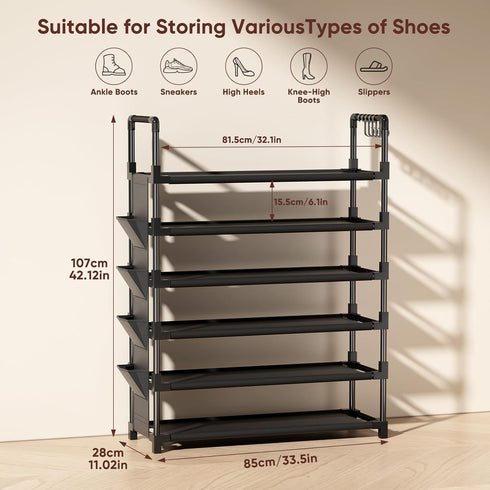 6 25-30 Closet,Entryway,Hallway,Dorm (6 Mavivegue Tier Shoe Rack for Pairs of Shoes,Metal Shoe Rack with Hook and Side