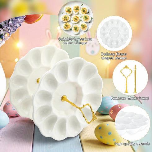 2 24 Countertop Tier Ceramic Easter Deviled Egg Platter Hole Deviled Egg Tray Container, Detachable Eggs Holder Tower