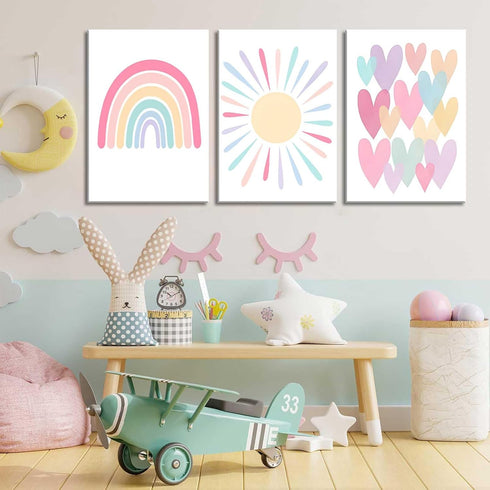 3Pcs 12x16in RCJARTI Pink Nursery Canvas Wall Art Rainbow Poster Kids Bedroom Baby Girls Toddler Pastel Wall Decor