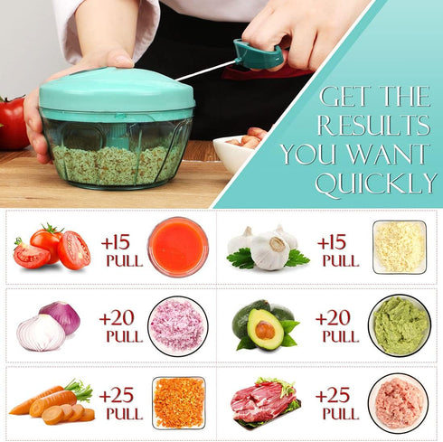Ourokhome Manual Food Processor Vegetable Chopper, Portable Hand Pull String Garlic Mincer, 500ml, Blue
