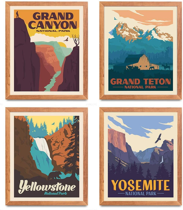HerZii Prints Set of 4 Vintage National Park Posters & Prints, Nature Wall Art Decor, Mountain Travel Posters (8"x10"