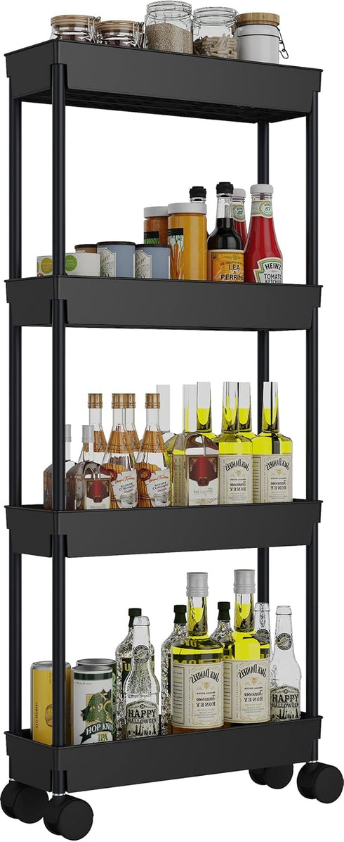 Sooyee 4 Tier Slim Storage Cart, Rolling Narrow Shelf Organizer for Kitchen, Bathroom, Laundry Room - Black