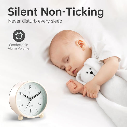 Analog Alarm Clock, 4 inch Super Silent Non-Ticking Clock with Night Light, Battery Operated, Cream Decor for Bedroom