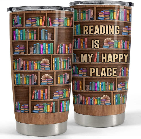 SANDJEST Book Lovers Tumbler Bookshelf 20oz Tumblers with Lid Gift for Librarian